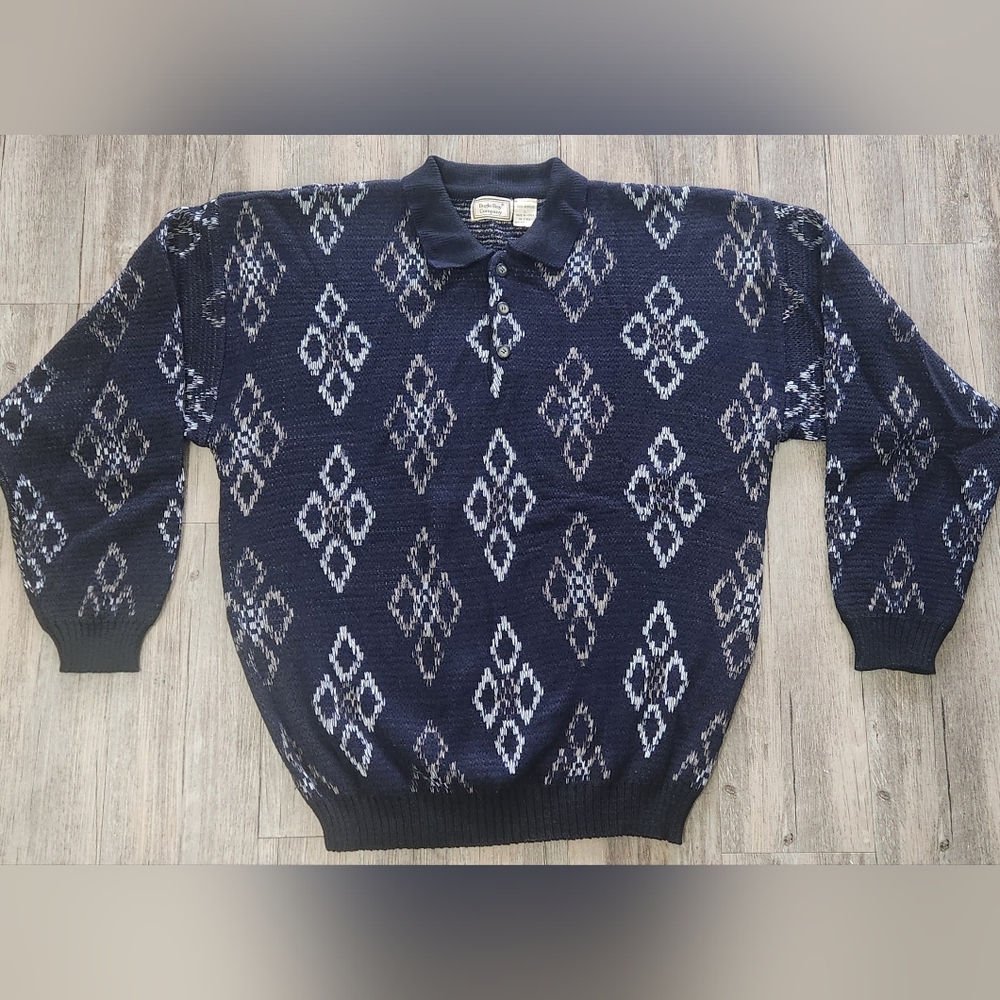 Vintage Bugle‎ Boy Navy Geometric three Button Polo Sweater Large Grandpa Cosby